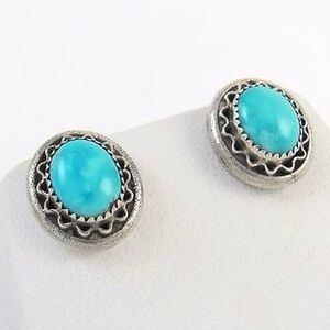 ROIE JAQUE Earrings Blue Turquoise Navajo Stud Signed AMERICAN INDIAN